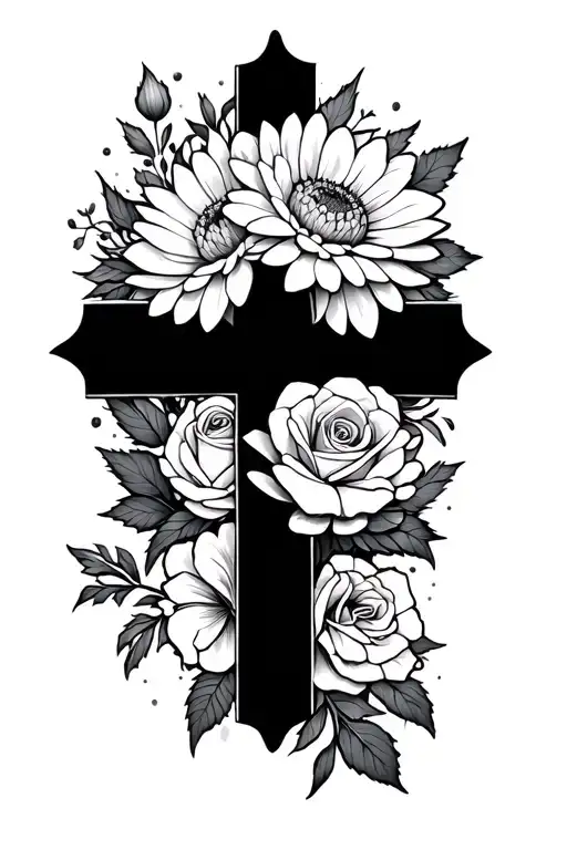 Fine Line Cross Intertwinded With Chrysanthemum And Rose Flowers