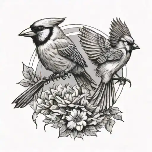 Cardinal Bird And Bluejay Landing From Flight