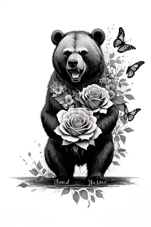 Angry Bear Roses And Butterflies Unique Design