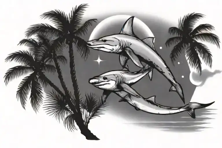 Hammerhead Shark Swimming Under A Palm Tree Which Is Under A Waxing Crescent Moon