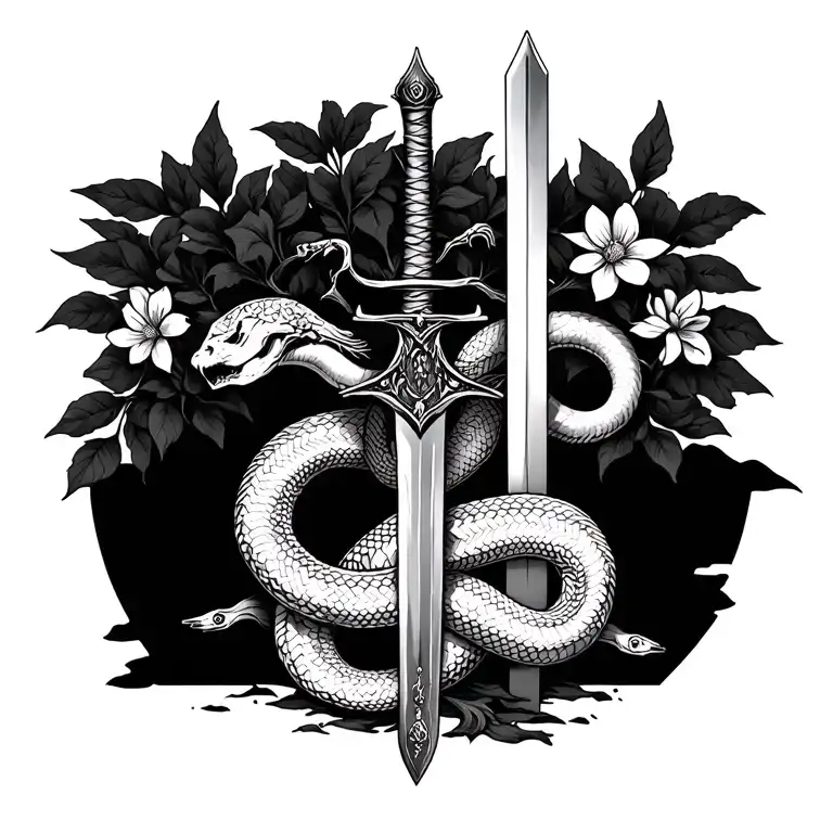 Posion Tree With Sword And Snake With Flowers