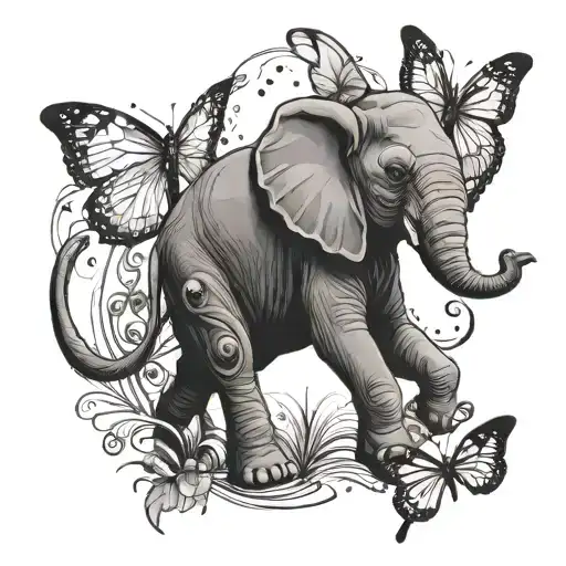 Baby Elephant Looking Up With A Heart Velociraptor And Butterfly Sillohuette