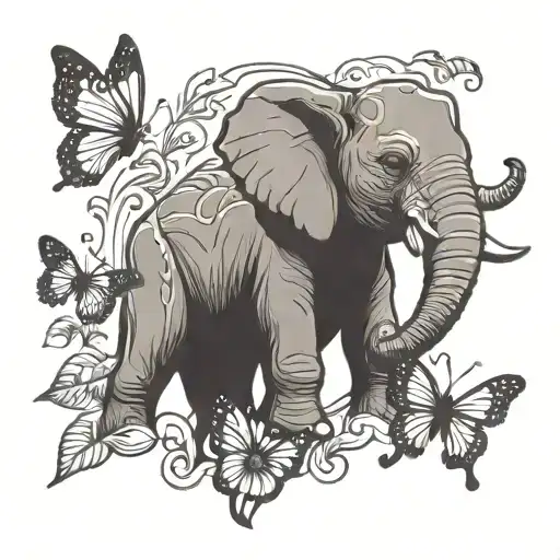 Baby Elephant Looking Upward Surrounded By A Heart Velociraptor And Butterfly Simple Sillohuette