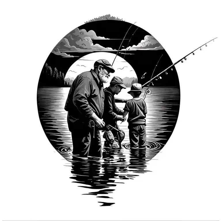 Fishing Scene Casting With Grandpa And Grandson And Fishing Rod
