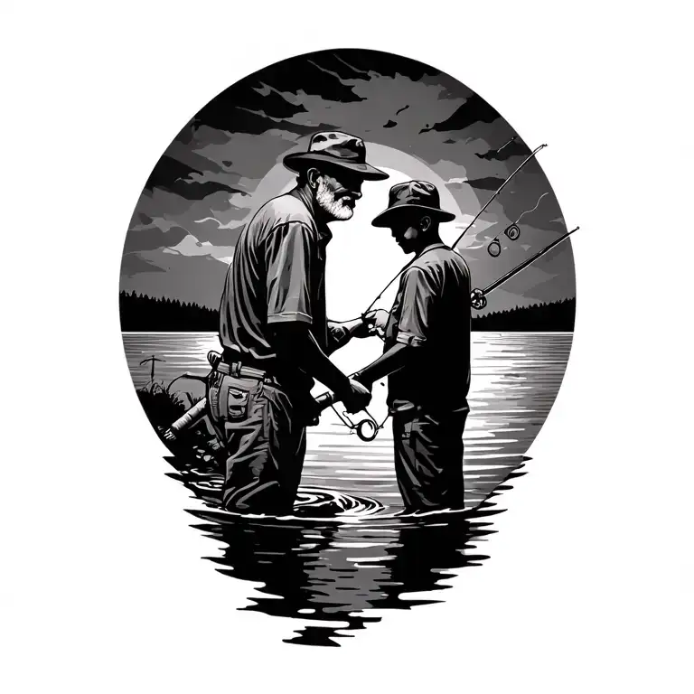 Fishing Scene Casting With Grandpa And Grandson And Fishing Rod Facing The Water