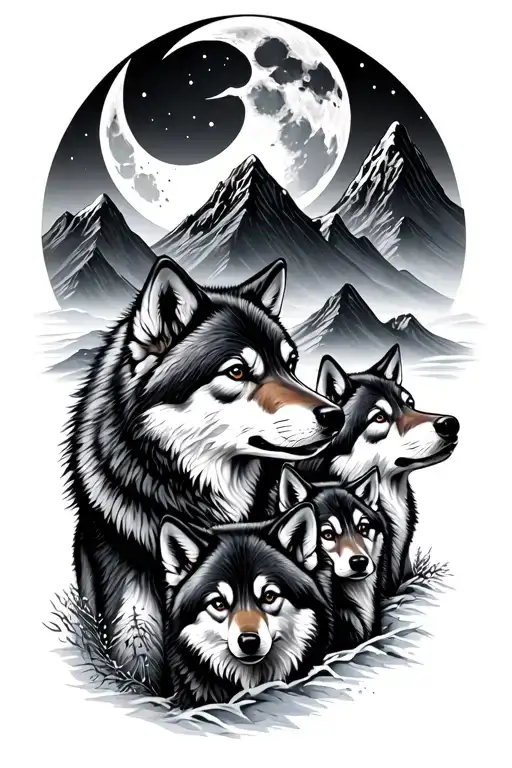Mountains With Five Baby Wolves And Moon Surrounded