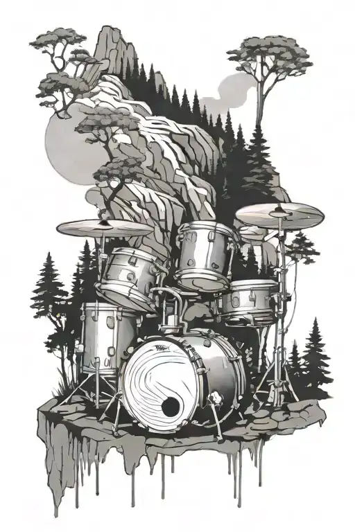 Minimalist Drumset In The Woods With A Mountain And Waterfall Behind It