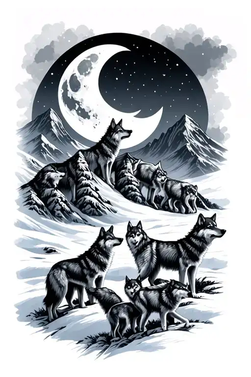 Mountians And Moon With Five Baby Wolves