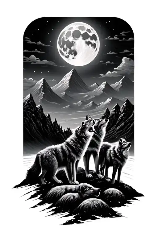 Mountians And Moon With Five Baby Wolves Howling At Moon