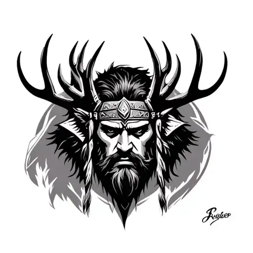 A Black Tattoo Ward Shaman Warrior With A Antlers