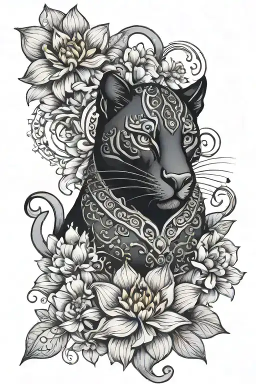 Black Evil Panther Head In Lotus Flowers With Curls Mandala Pendant