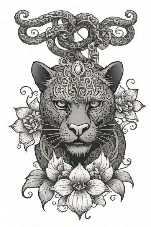 Head Of A Black Evil Panther In Lotus Flowers With Curls Pendant