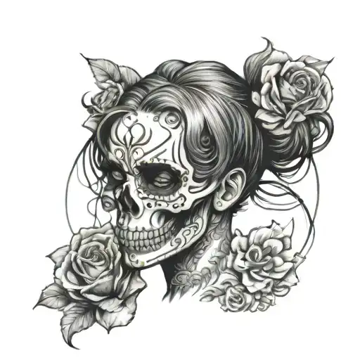 Skull Covering Girl's Mouth Surrounded