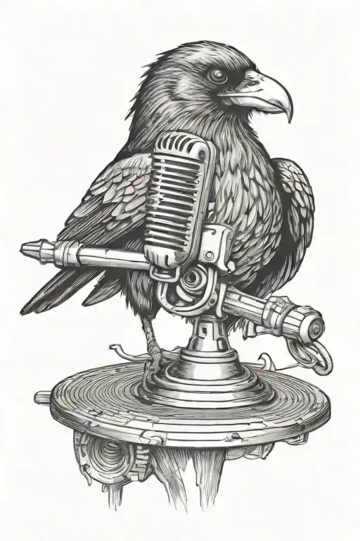Crow In A Vintage Microphone Surrounded By Musical