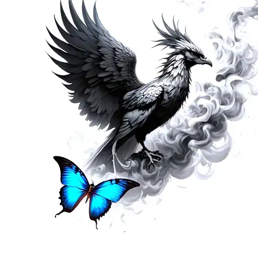 Phoenix And Blue Butterfly Coming Out Of The Smoke