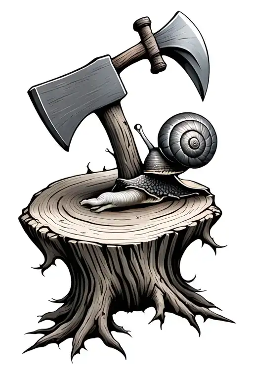 Tree Stump With Axe With A Snail Climbing The Axe