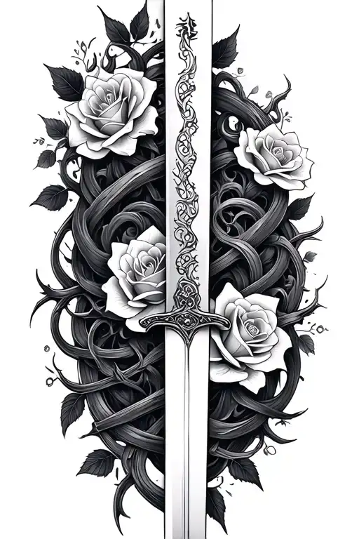 Japanese Katana With A Pattern Design With Roses With Thorns Wrapping Around It The Whole Way