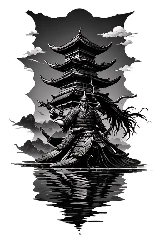 Samurai Warrior Cherry Bossom Tower Surrounded River