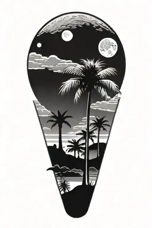 Palm Tree With Moon Phases And Walking Path And Silhouette Of A Man