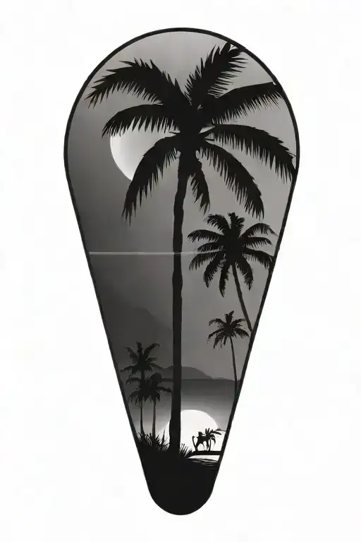 Palm Tree With Moon And Walking Path And Silhouette Of A Man