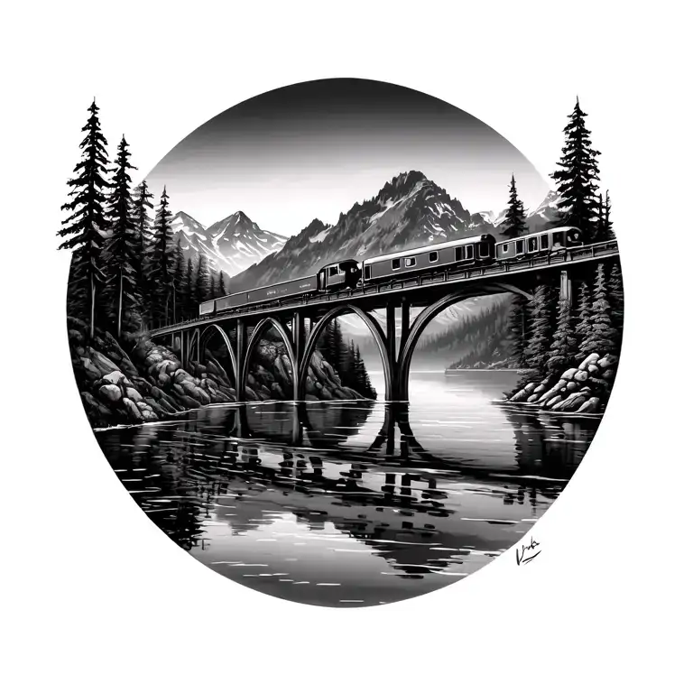 Old Train Over Water On Bridge In Mountain Setting