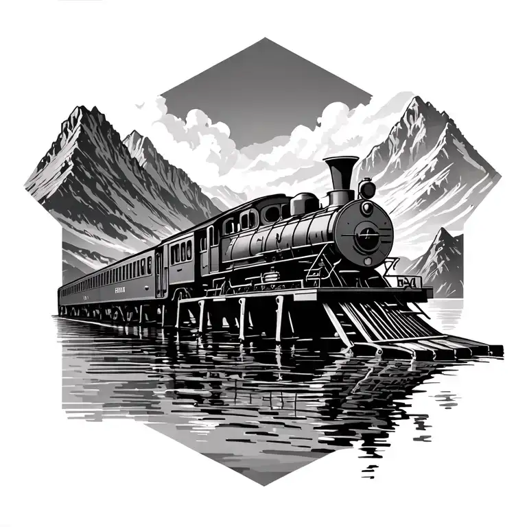 Old Train Over Water On Windy Bridge In Mountain Setting