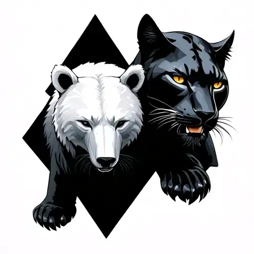 A White Bear And A Black Panther Protecting A 3D Triange