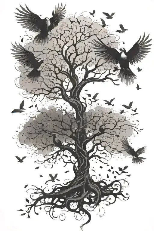 Tree Of Life With Birds Flying And Feathers Falling