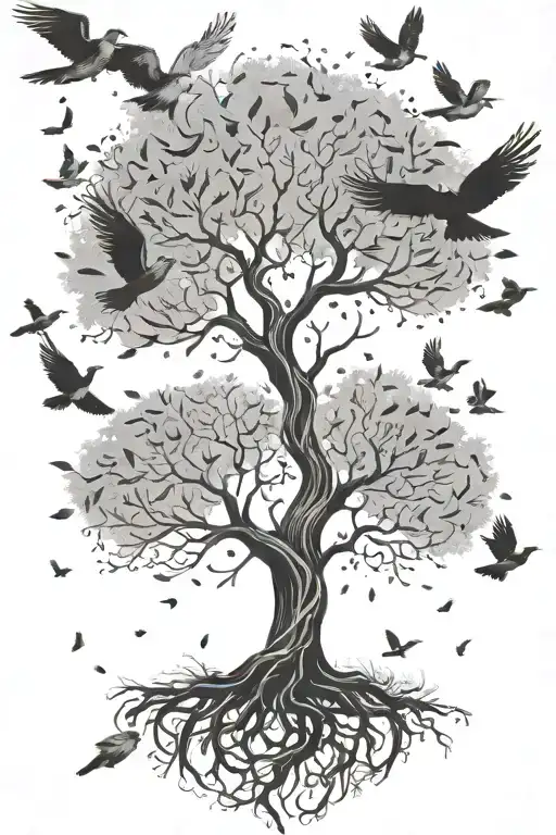 Tree Of Life With Birds Flying And Feathers Falling