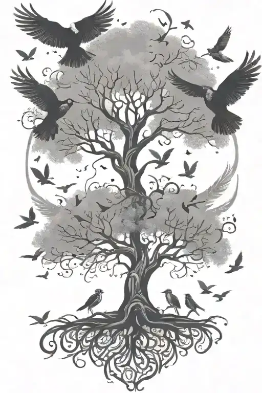 Tree Of Life With Birds Flying And Feathers Soaring