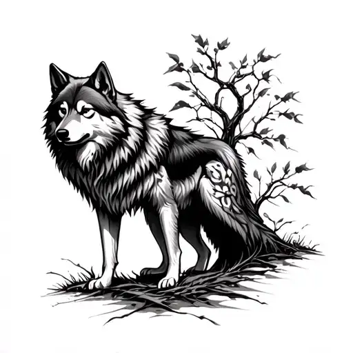 Weeping Willow Tree Wolf Standing Guard