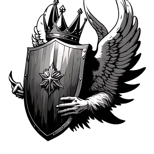 3 Point Crown With Angel Wings Holding With Shield Guarding