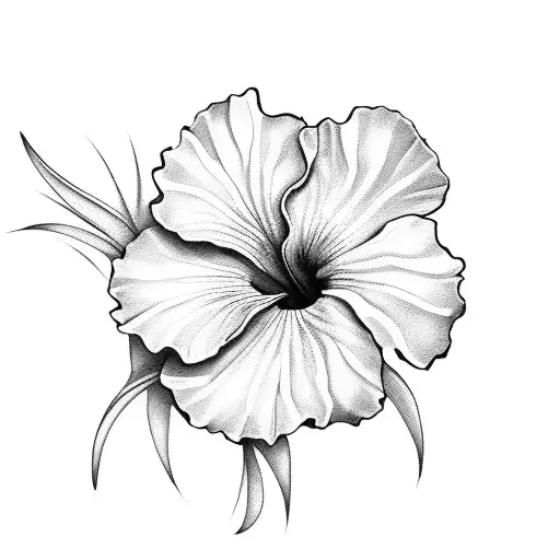 A Beautiful Hibiscus Flower Blooming On A Sandy Beach With A Surfboard Leaning Against A Palm Tree