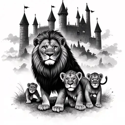 Lion And Cubs With Castle Backdrop