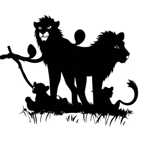 Rafiki From Lion King With A Lioness And Two Cubs Holding A Stick