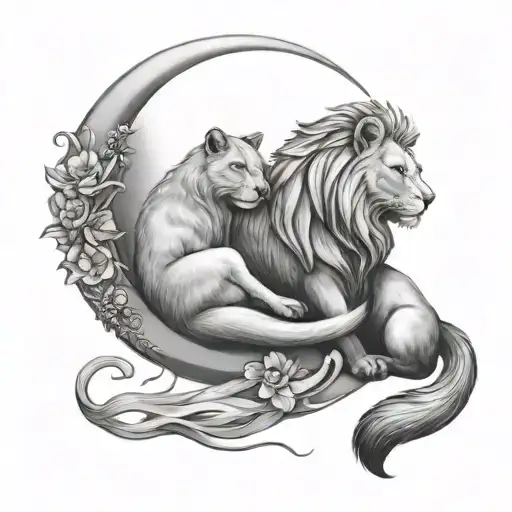 Lion And Fox Sitting On Crescent Moon