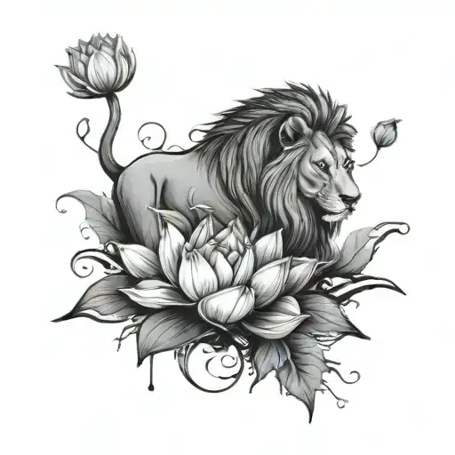 Lion And Lotus Flower Emerging From Mud