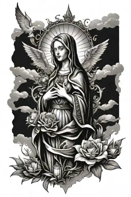 Gothic Mother Mary Half Sleeve Also Featuring A Light House
