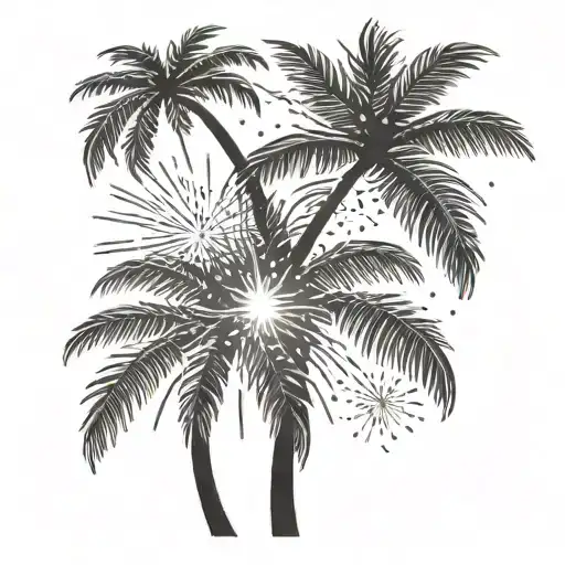 Simple Palm Tree And Fireworks Exploding In The Night