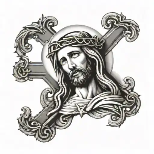 Half Mother Face Jesus With Cross Intertwined