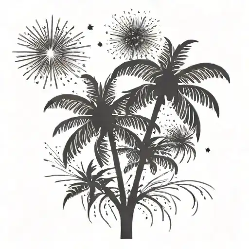 Simple One Palm Tree And Fireworks Exploding In The Night
