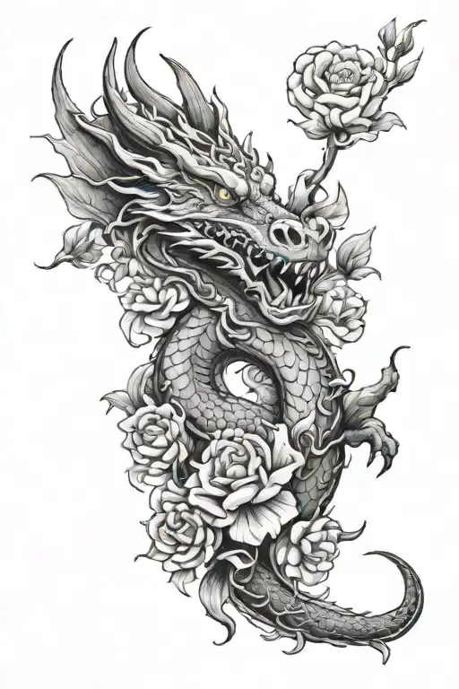 Dragon And Flowers Intertwined