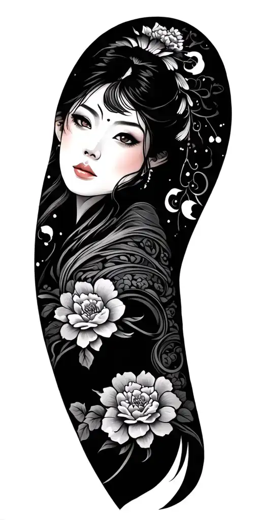 Asian Oriental Black And Grey Tattoo Sleeve