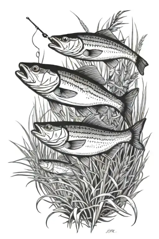 Fishing Scene With Two Fish Surrounded By Tall Grass With Heavy Black