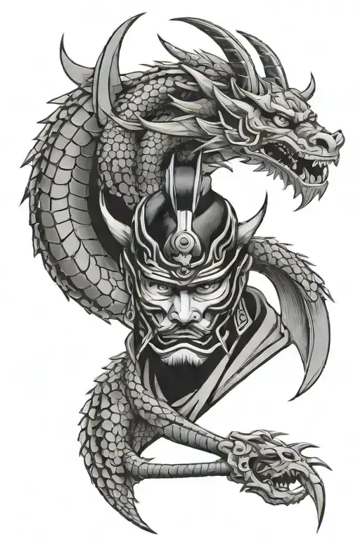 Samurai Mask With A Dragon Behind It