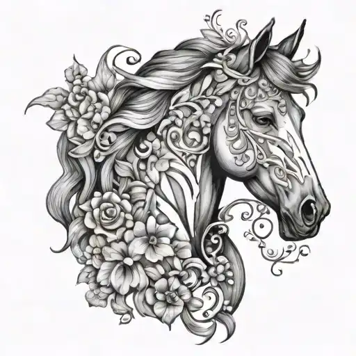 Horse Head Surrounded In Flowers Growing