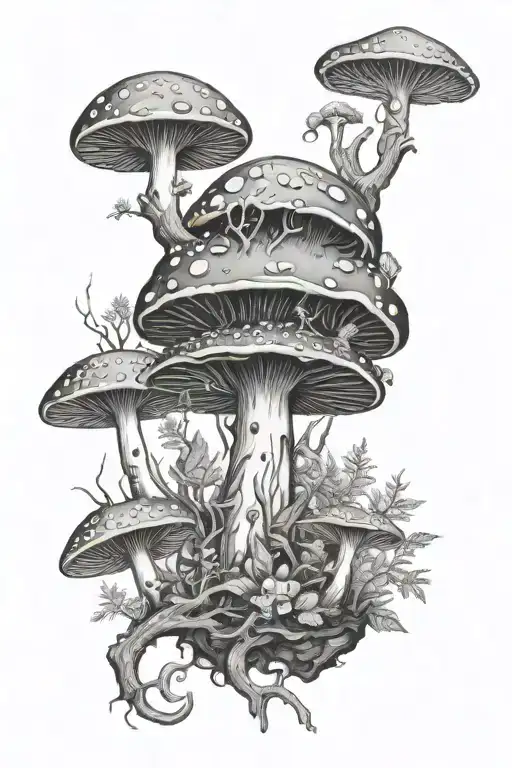 Forest With Amanita Muscaria And With Medical Staff Of Aesculapius