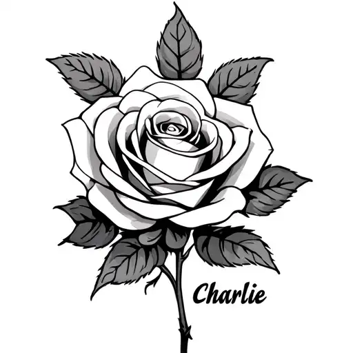 A Rose Forearm Tattoo That Has Teh Name Charlie As The Stem