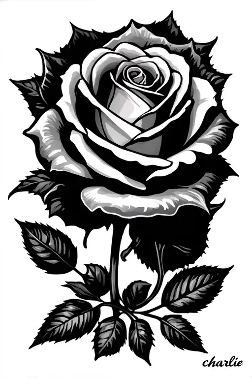 A Rose Tattoo That Has The Name Charlie As The Stem In Cursive
