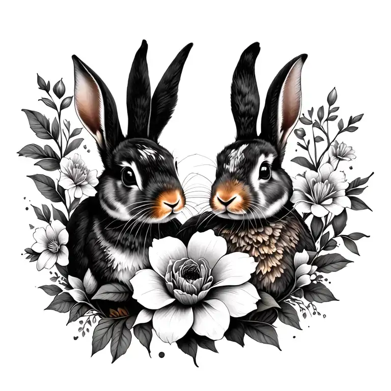 Two Rabbits And Flowers Intertwined